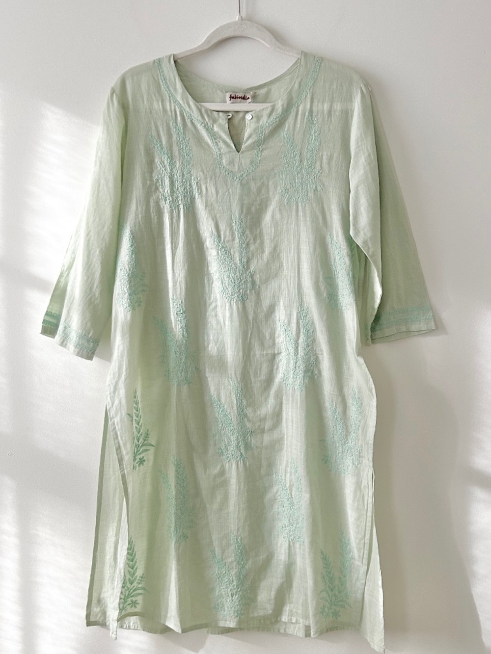 Handmade Fabindia 100% Cotton Pale Green Embroidered Tunic